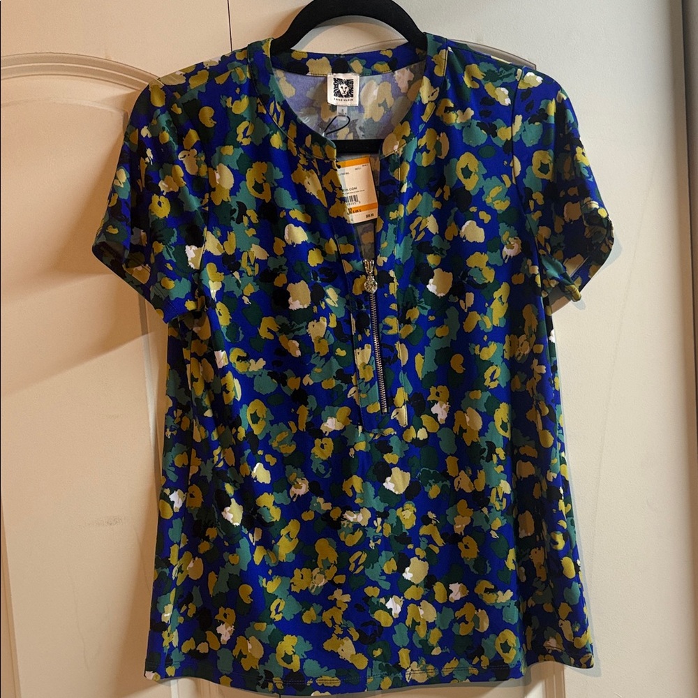 Anne Klein Blue and Yellow Floral Blouse